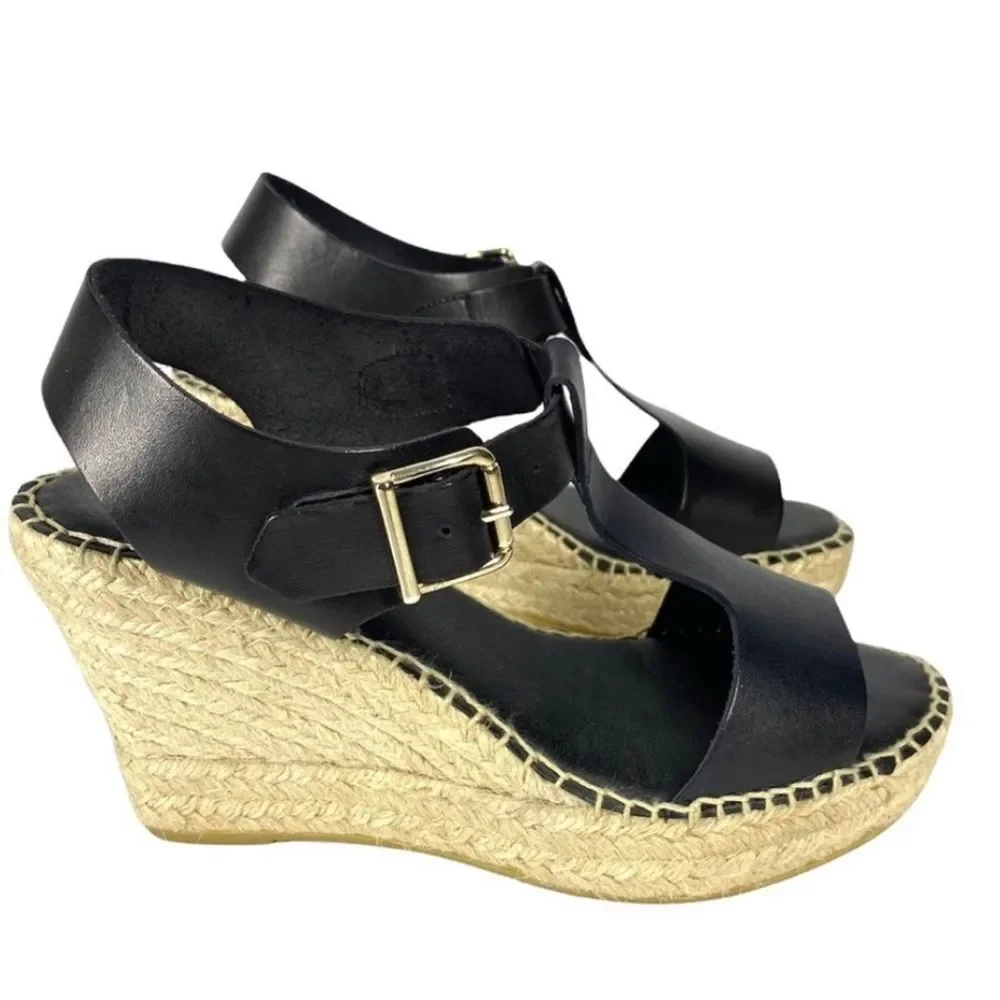 PASEART Black Leather Strappy Espadrille Wedges Made In Spain EU 38 US 7 Medium